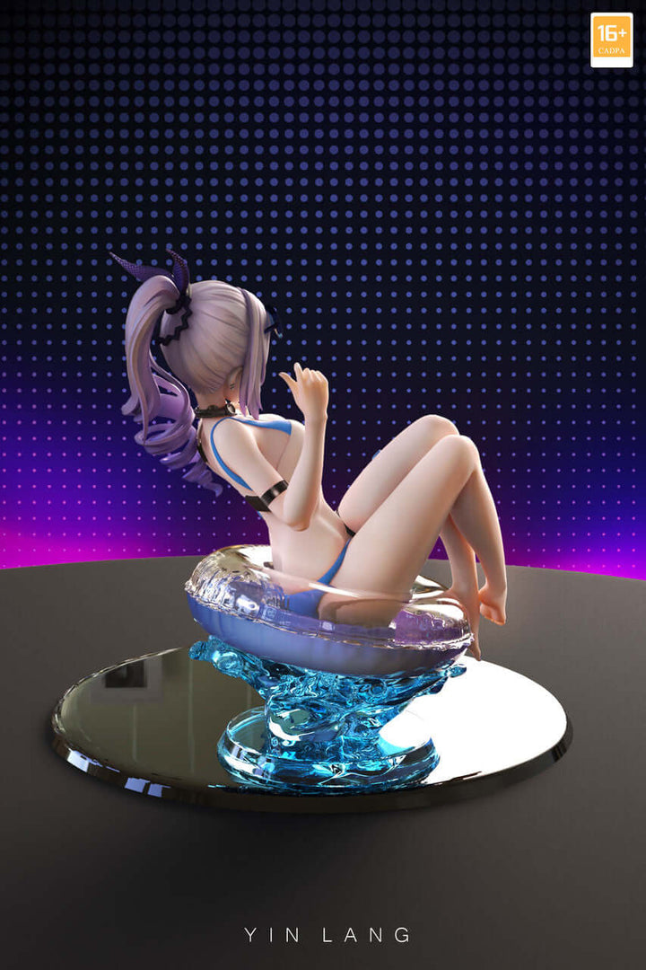 Silver Wolf GK figure sit on swimming ring, seen from behind