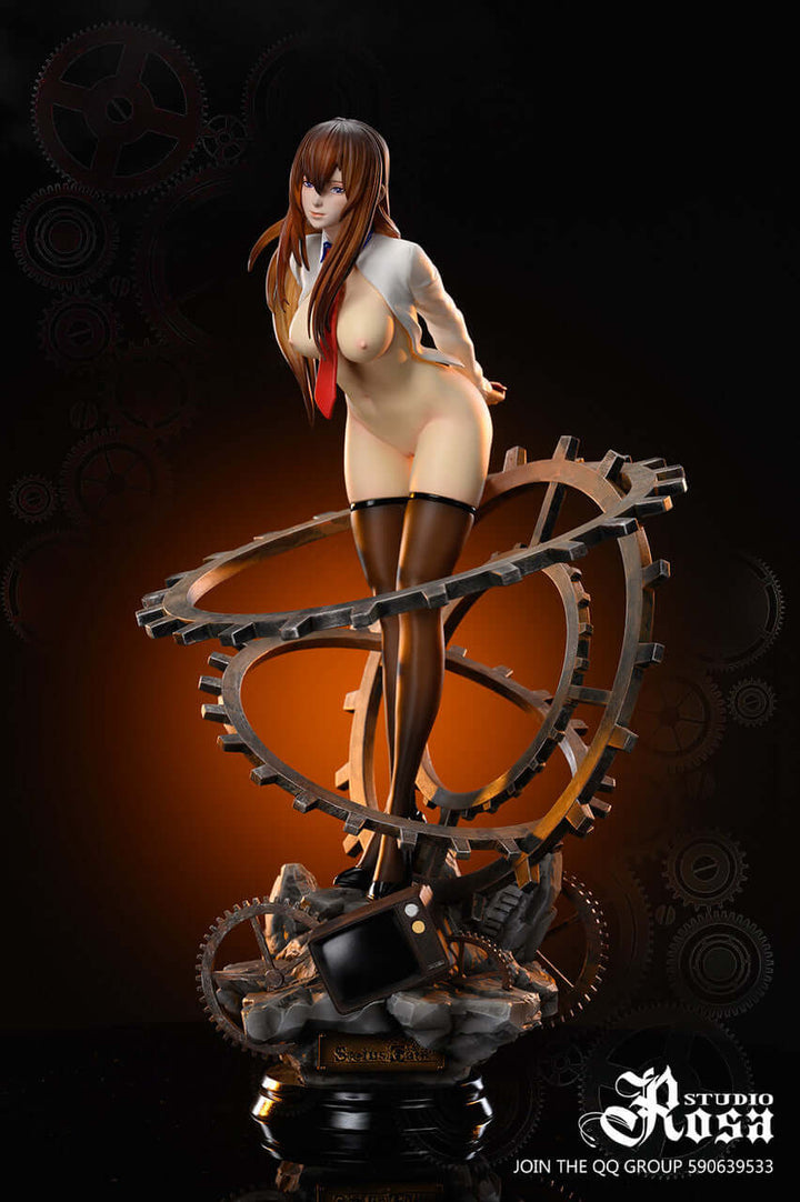 GK figure of naked Kurisu Makise, 1/6 scale, in white shirt, beige jacket, shorts, black stockings, on gears and TV.