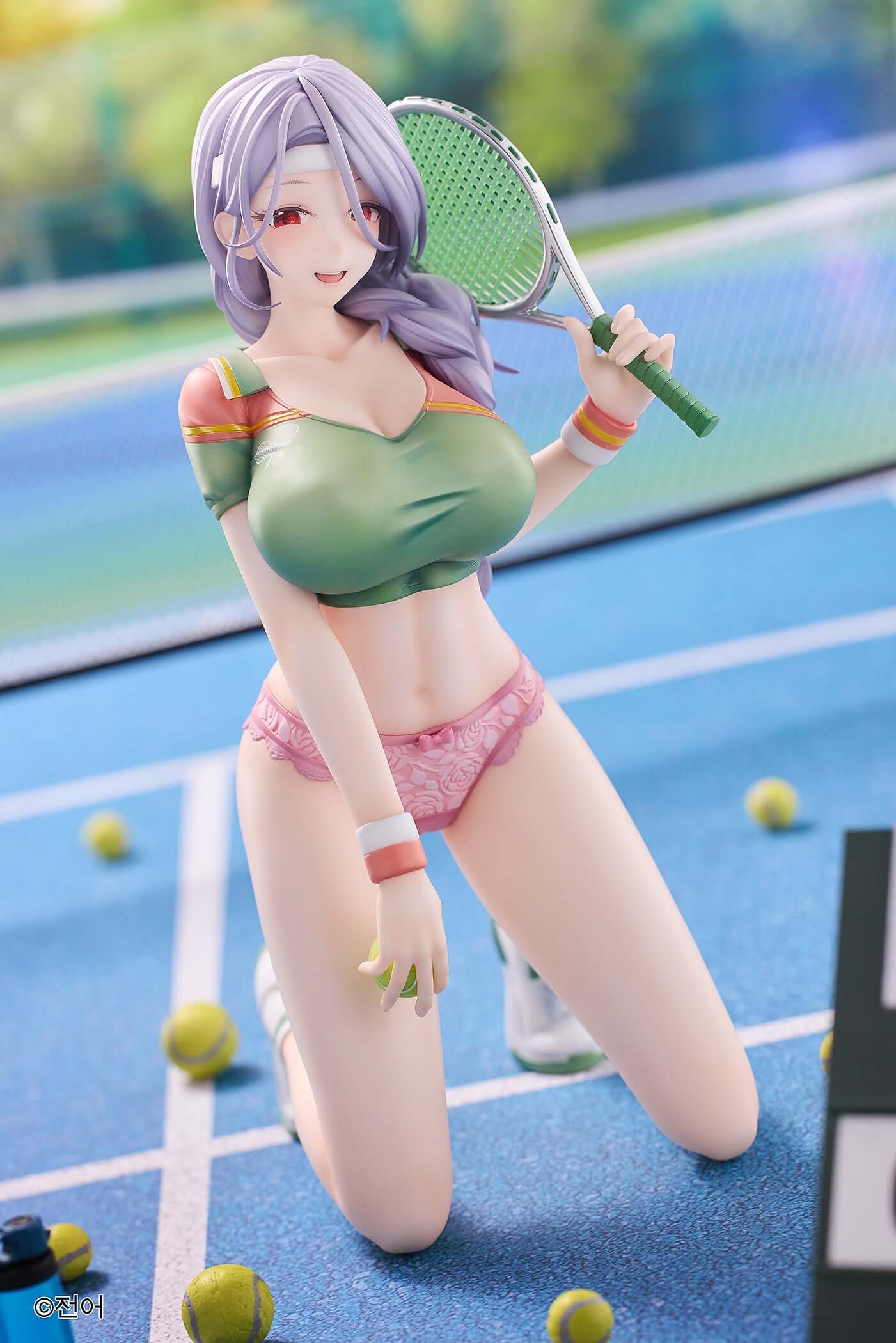 YUKI figure with tennis racket, green tank top, tennis skirt, pink lace panties, kneeling in white sneakers.