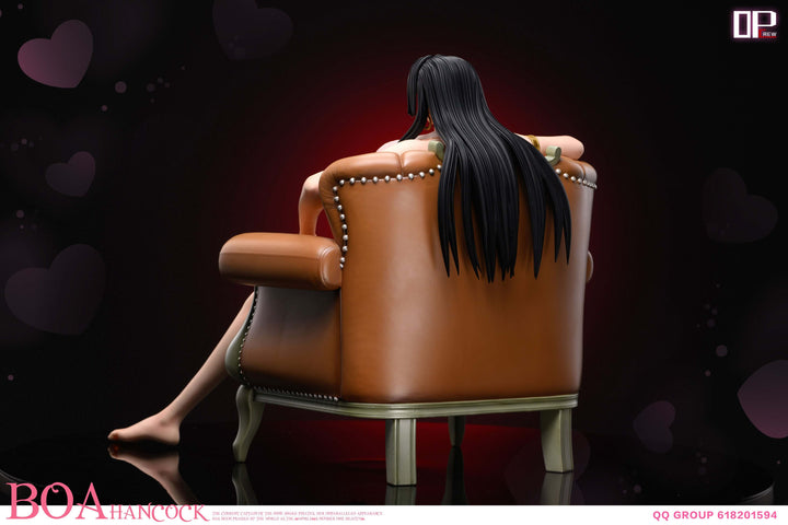 1/4 Boa Hancock resin gk figure by OP-Crew studio in seated pose with long black hair in brown chair, pre-order available