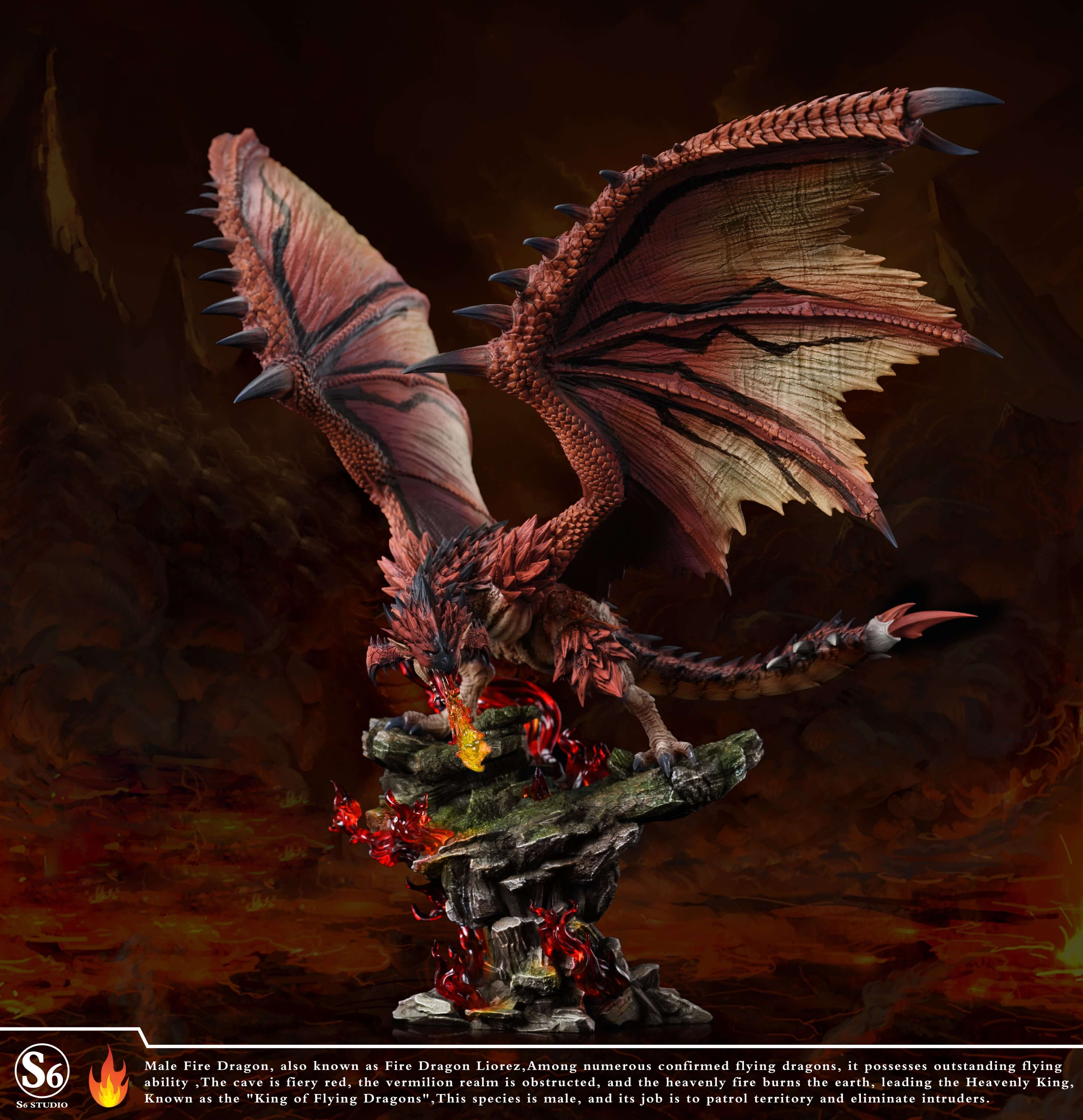 Monster Hunter's Lioleus GK figure, wings spread, breathing fire