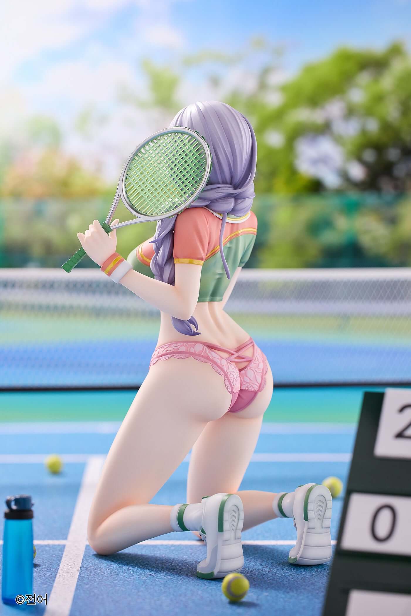 Kneeling YUKI figure, tennis racket, green sports top, pink lace panties, white sneakers.