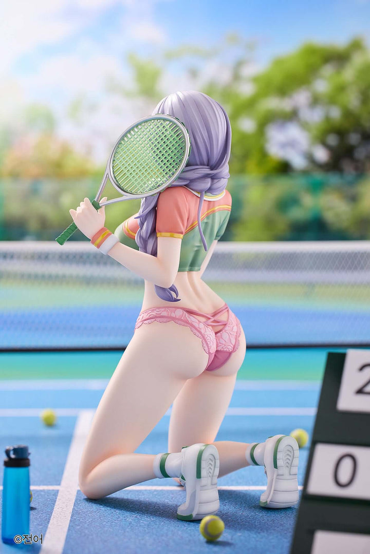 Kneeling YUKI figure, tennis racket, green sports top, pink lace panties, white sneakers.