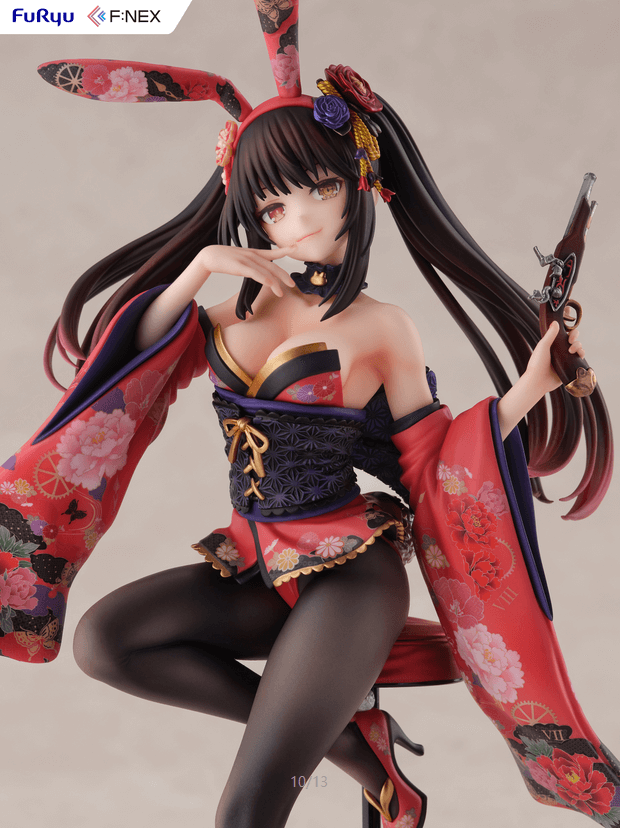 Kurumi Tokisaki wearing a red bunny girl outfit, holding a flintlock gun in her left hand.