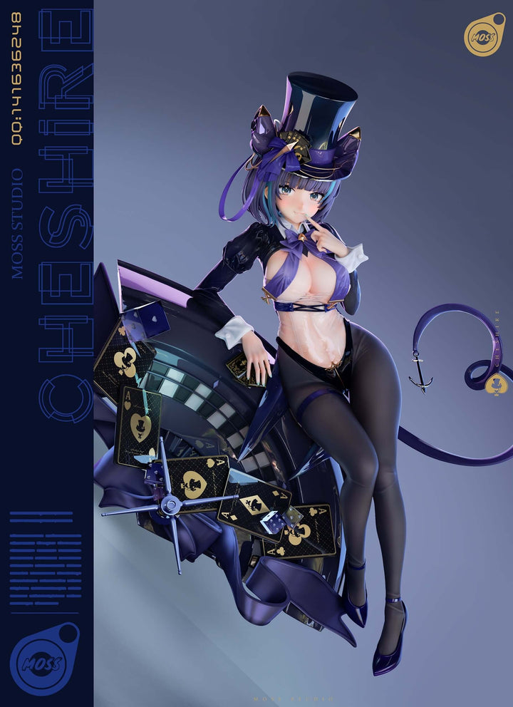 Cheshire gk figure from Azur Lane, dressed as a magician, pointing to her face.