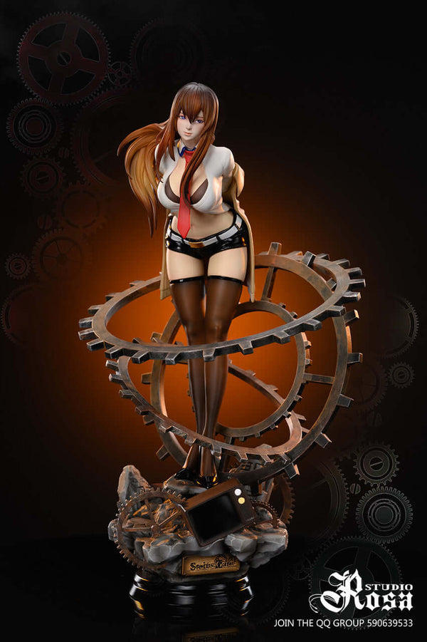 Kurisu Makise 1/6 GK figure in white shirt, beige jacket, shorts, black stockings, standing on gears and TV.