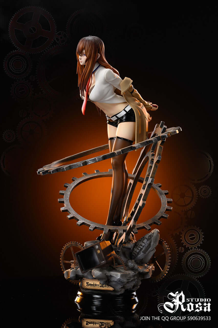 Kurisu Makise GK figure, 1/6 scale, white shirt, beige jacket, shorts, black stockings, standing on gears and TV.