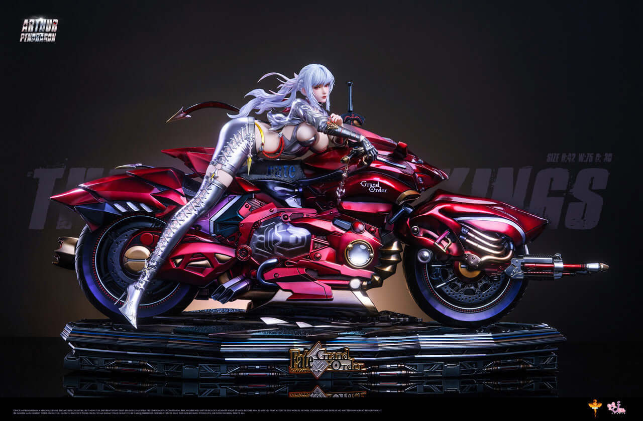 Fate/Grand Order Saber GK figure riding a red motorcycle, white hair, silver leather pants, silver leather jacket.