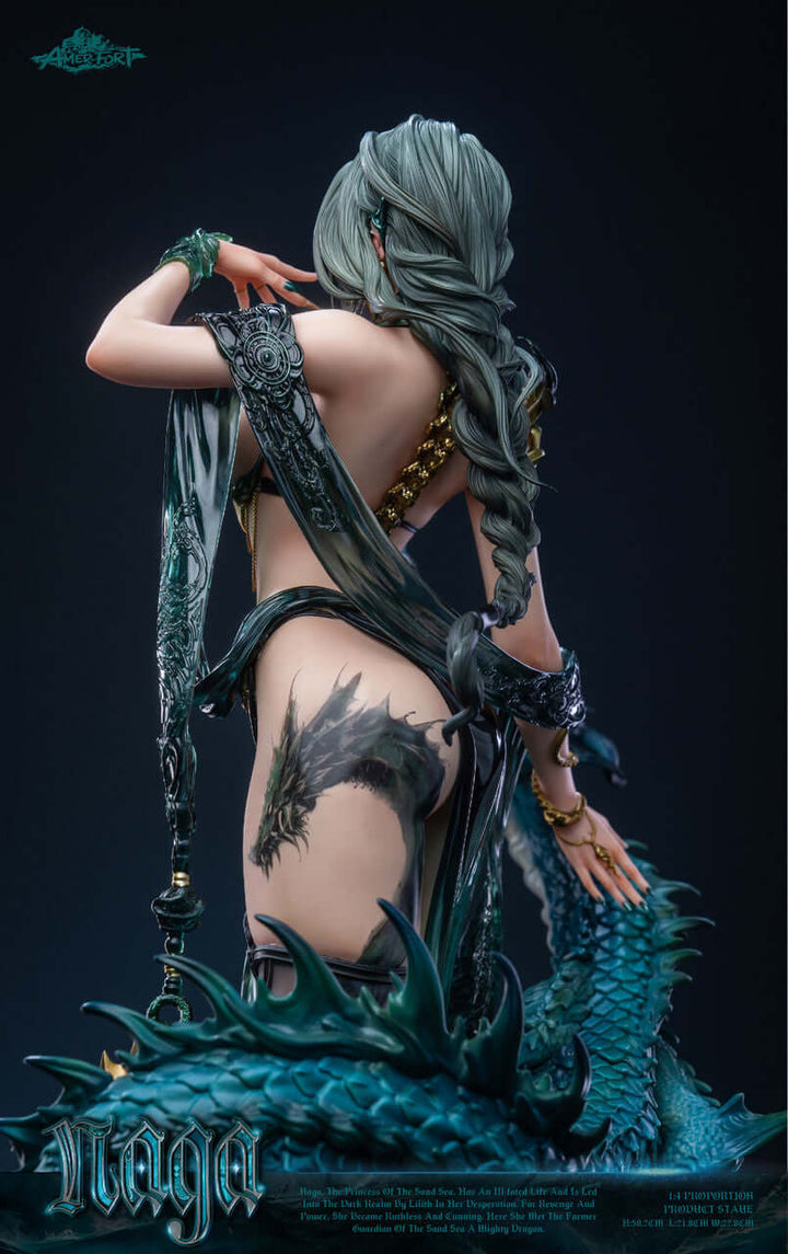 Exquisite GK figure of a woman with a dragon tattoo on her thigh, touching a dark green dragon with her right hand.