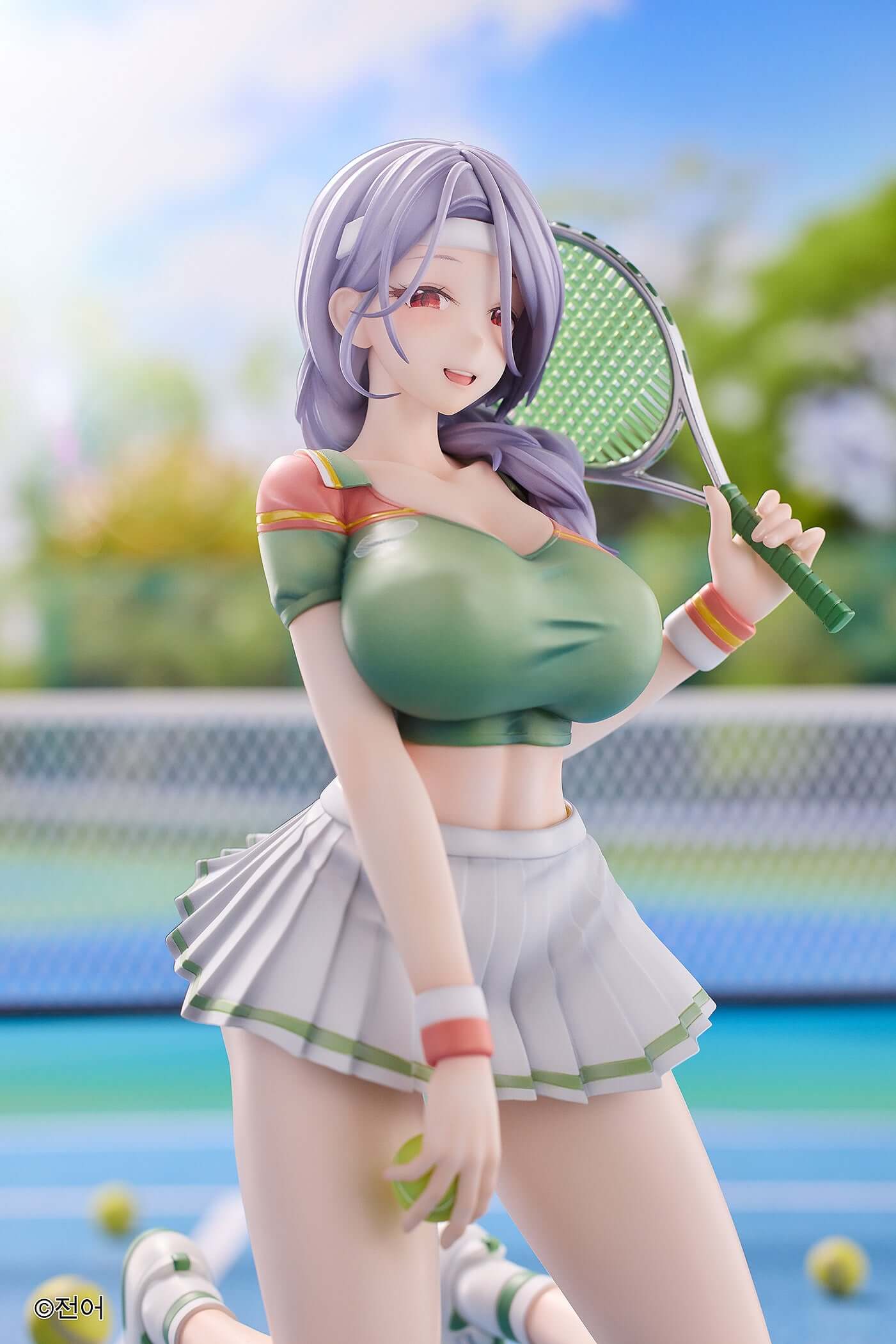 YUKI figure, green tank top, tennis skirt, pink lace panties, white sneakers, holding a tennis racket.