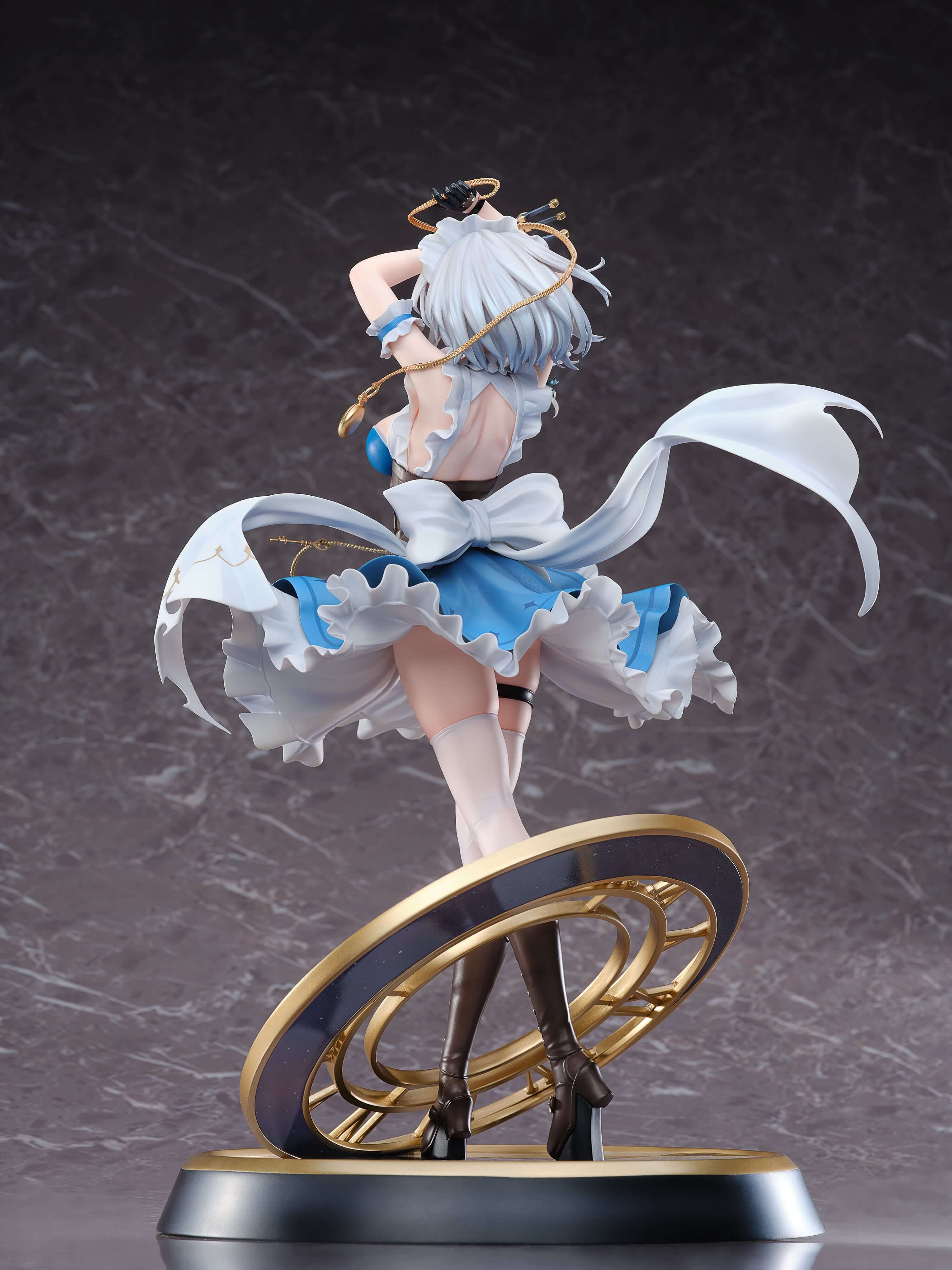 Sakuya Izayoi GK figure in blue and white corset dress, white stockings, boots, seen from back