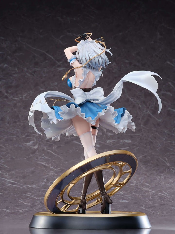 Sakuya Izayoi GK figure in blue and white corset dress, white stockings, boots, seen from back