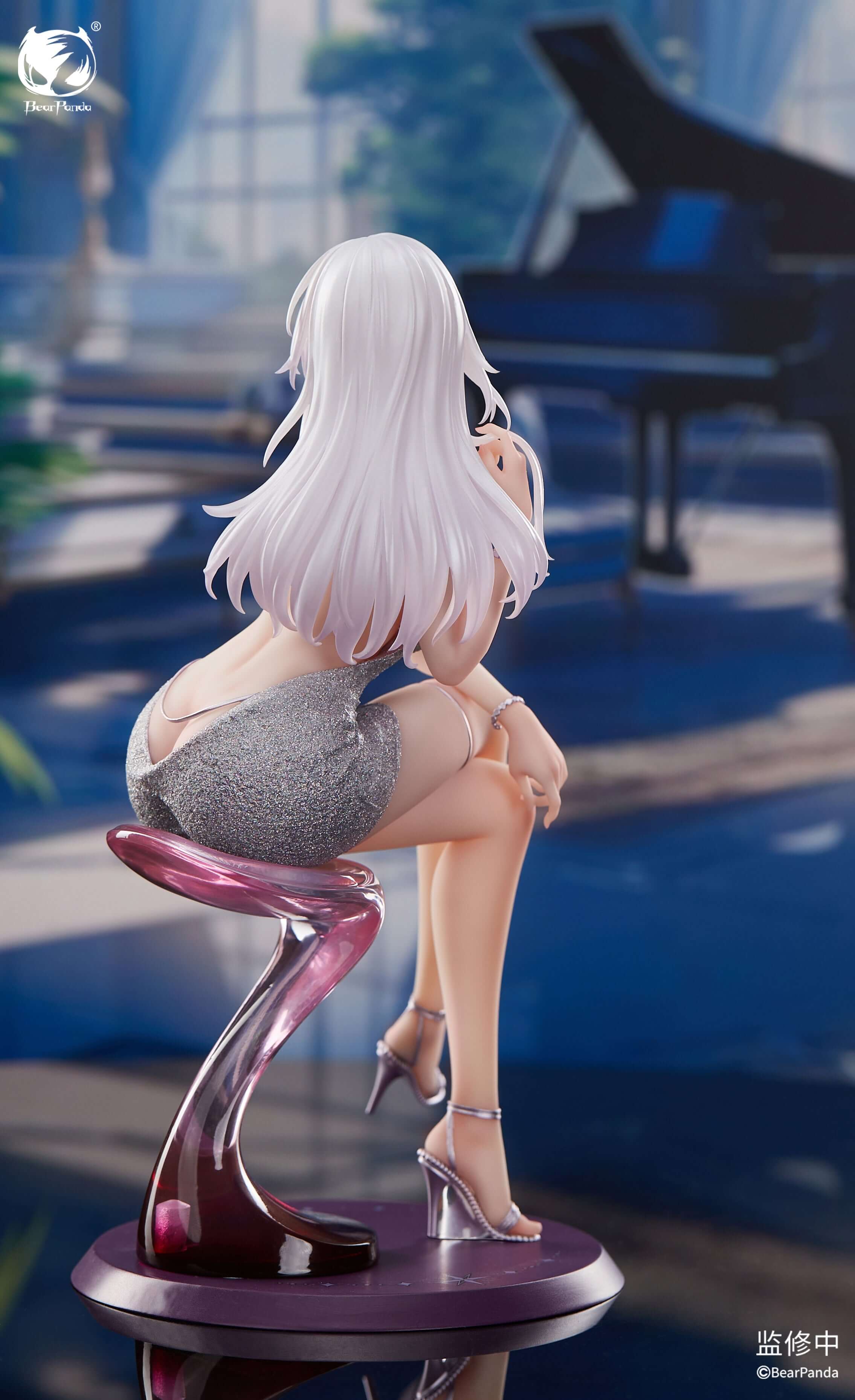 1/6 Serina figure, glittering silver dress, sitting on piano bench, seen on back