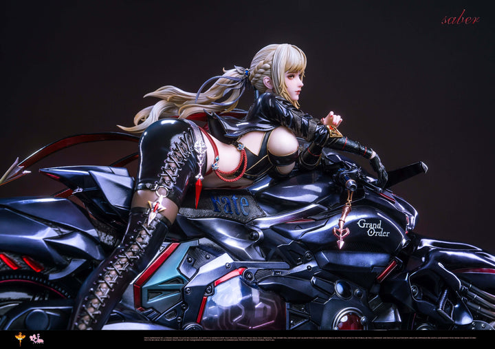 Fate/Grand Order Saber GK figure, on black motorcycle, gold hair, leather outfit, black stockings