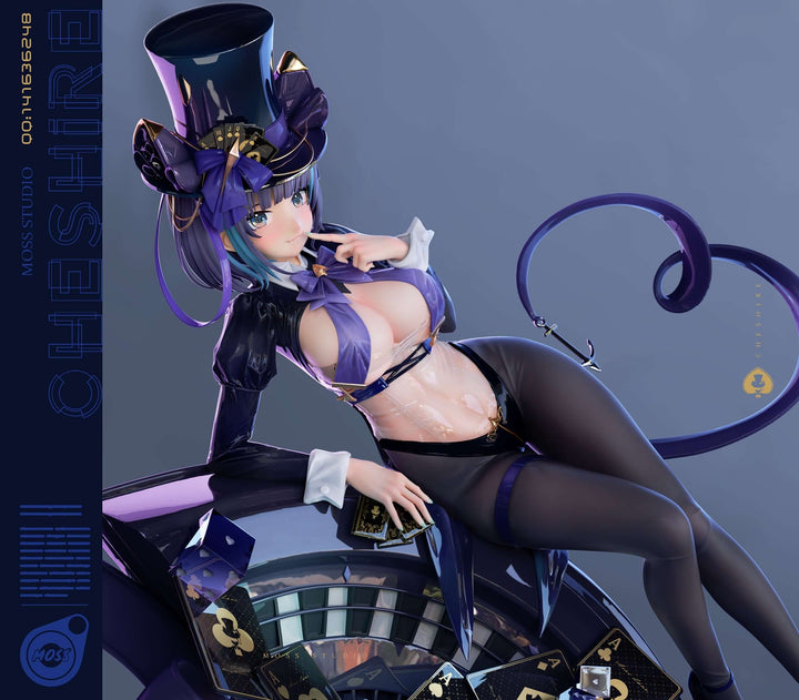 Azur Lane Cheshire gk figure, in magician outfit, pointing to her face, with a card base under her right hand.