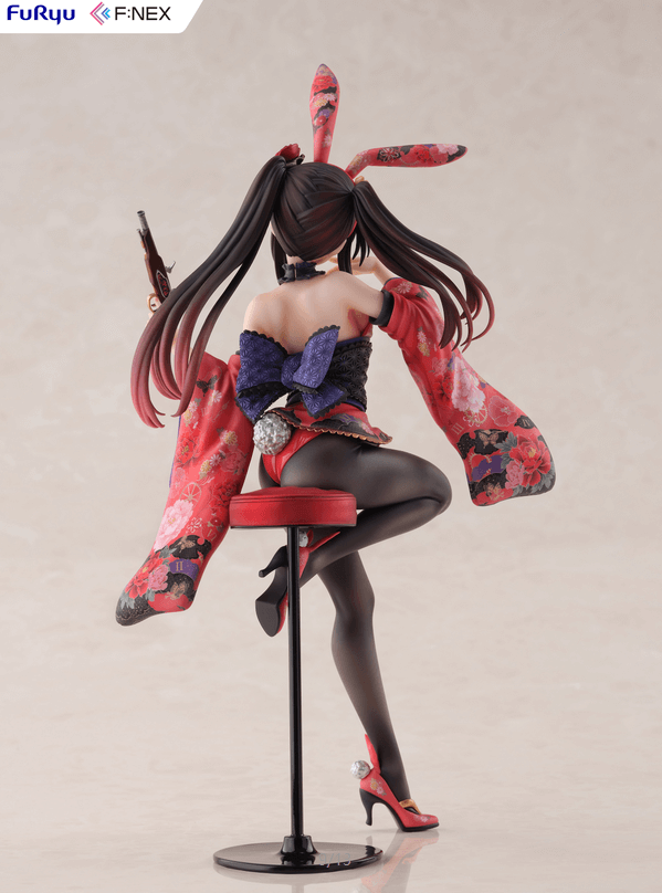 Kurumi Tokisaki wearing a red bunny girl outfit, holding a flintlock gun in her left hand.