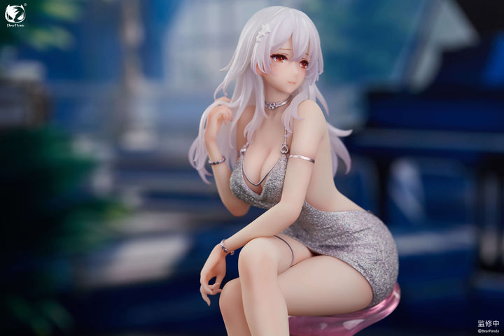 Serina 1/6 figure in shiny silver dress, seated on a piano bench.